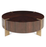 Glossy round Macassar coffee table with 4 flat rectangular brass inlay legs