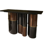 Console with undulating wood and lacquer curved base and brass accents
