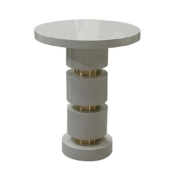 Round side table with white lacquer and brass accents