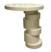 Contemporary sculptural base round side table with offset cylindrical sectioned base and round top