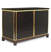 Modern 2 door cabinet in wood with brass trim and stone top