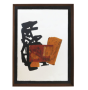 Black and brown abstract painting on paper with rusted frame