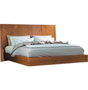 Modern bed in walnut wood with patchwork design on headboard