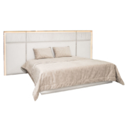 Modern bed with pleated upholstered, brass details, lacquer frame and LED lighting