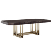 Modern dining table with intersecting brass base and macassar exotic wood top