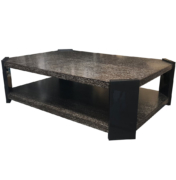 angled view of cerused oak coffee table with black lacquer with angled corners and black lacquer legs