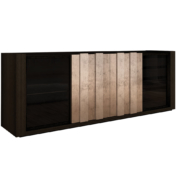 dark wood sideboard with silver leaf layered plank front detail and bronze glass doors