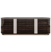 ebony wood racetrack oval sideboard with vertical metal details and base