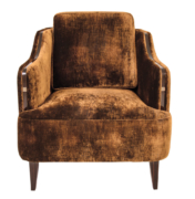 upholstered lounge armchair with wood and metal details on arms and wooden legs