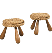 pair of french mid century woven rattan stools by Adrien Audoux and Frida Minet