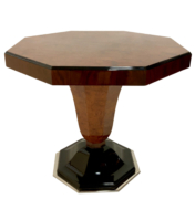 Art Deco octagonal side table with black lacquer detailing and chrome-plated bottom