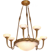 Art Deco chandelier with frosted glass and brass hardware.