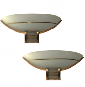 Art Deco Sconces in large bowl format, with brass hardware.