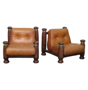 Pair of Italian Mid-Century Slipper chairs with Original Brown Leather Cushions and wood Frame