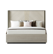 modern bed with headboard in light oak and brass accents
