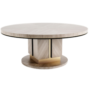 round dining table in light oak with black accents and brushed brass