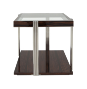 Macassar Ebony frame and base, top tier features glass with Macassar Ebony border, and legs are three rod design in polished stainless steel