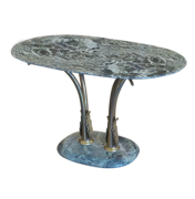 Vintage side table with Green Marble top and base. Metal legs in bronze with leaf detail at the base.