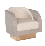Olsen Swivel Lounge Chair with two tone upholstery, curved back and brushed brass base.