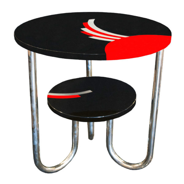 Antique Bauhaus side table in black lacquer with red accents and chrome legs