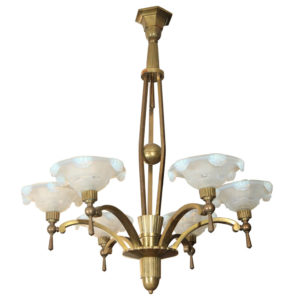 Antique Art Deco Petitot Chandelier in brass with opaline glass