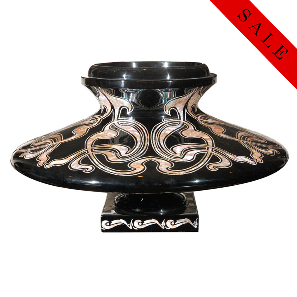 Large black lacquer vase with mother-of-pearl floral vine detailing