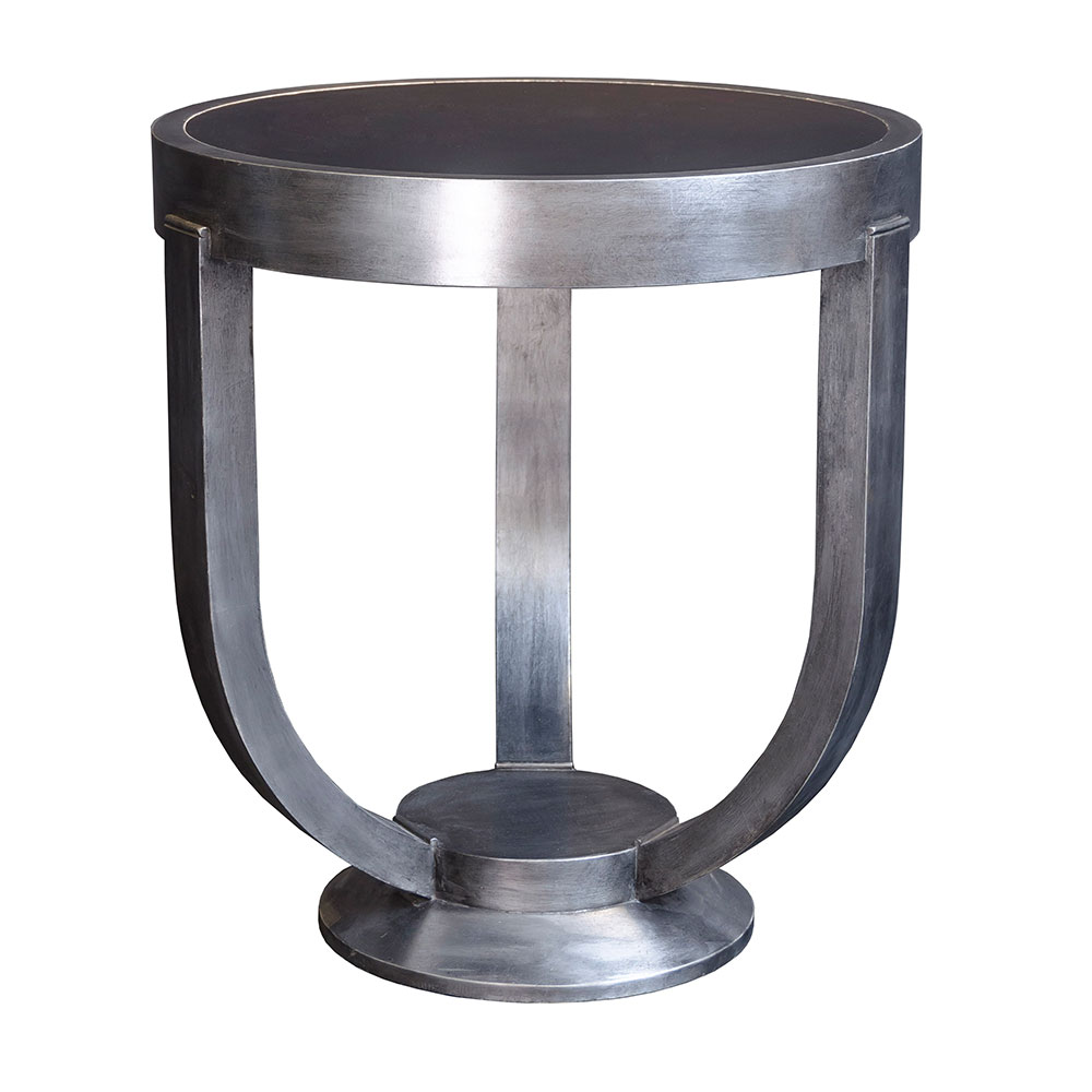 silver leaf round side table with black leather top