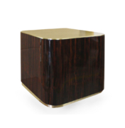 Cube with rounded corners in high-gloss Macassar ebony with brass top and narrow base