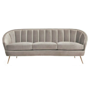 mid-century modern tight channelled back sofa with tapered brass legs