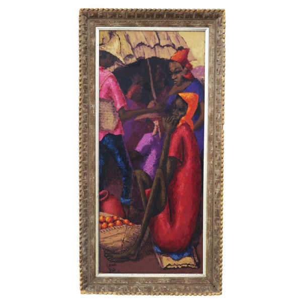 Vintage african art painting in red ad purple of women
