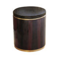 Round side table with cylinder base in Macassar ebony with brass border and base and black granite top.