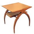 curvved leg mid-century square fruitwood side table with shelf -Angled view