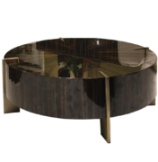 Glossy round Macassar coffee table with 4 flat rectangular brass inlay legs