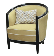 Art Deco style armchair with curved back and ribbed wood details in black lacquer