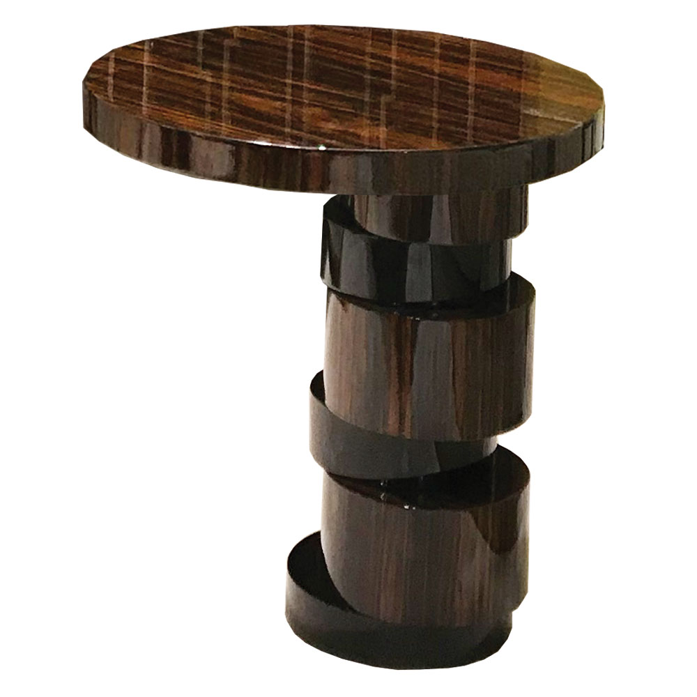 High gloss Macassar ebony and lacquer contemporary sculptural side table with offset layered base and round wood top