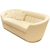 Curved modern sofa with brass base and scalloped upholstery