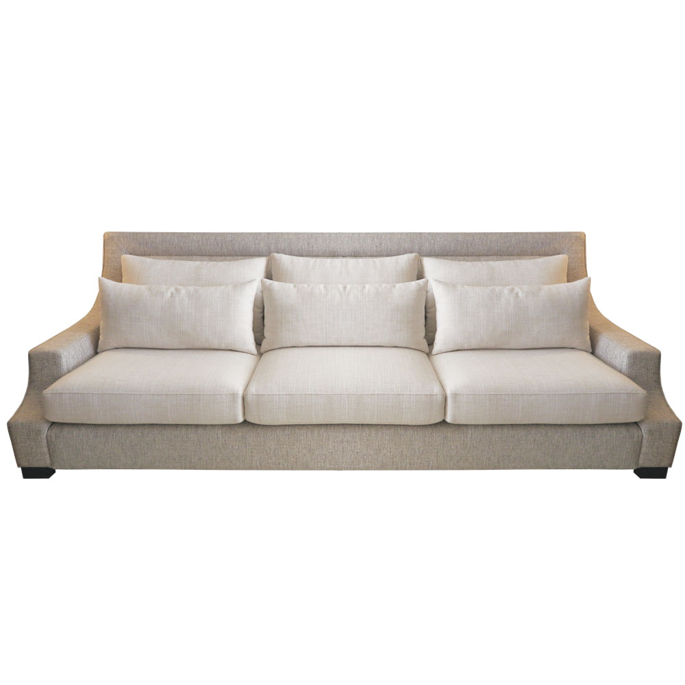 traditional deep sofa with contrasting fabrics and wood feet