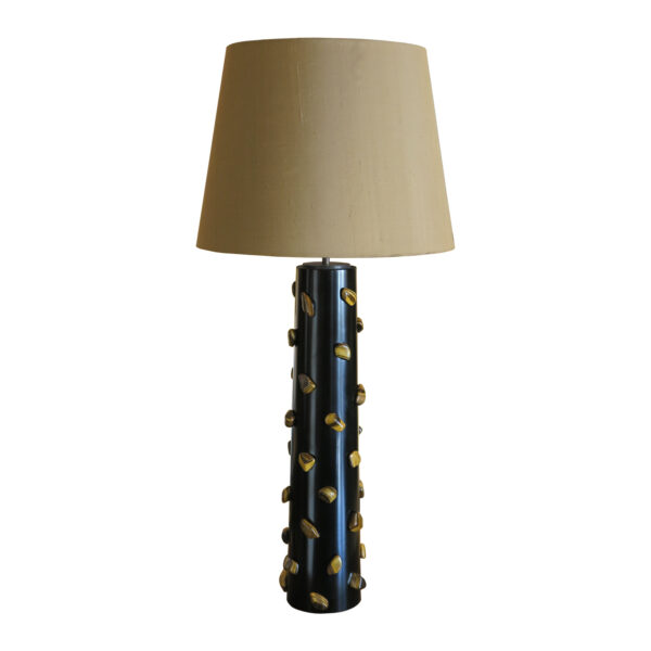 modern table lamp in wood with stones of tiger eyes