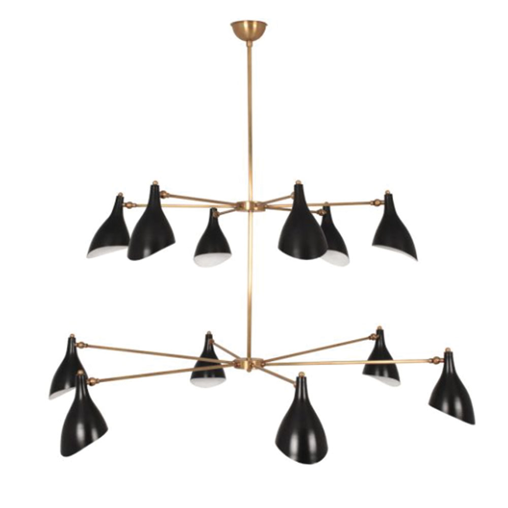 Two-tier retro vintage chandelier in brass with lacquered shades
