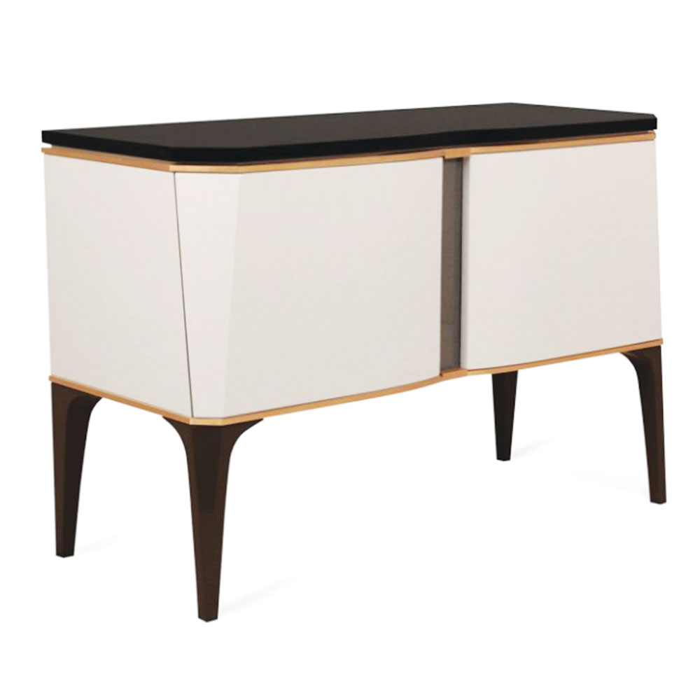 modern 2 door cabinet on 4 legs in lacquer with brass trim and granite top