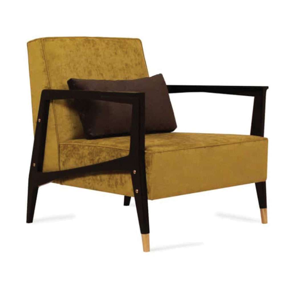 Mid-century modern chair with upholstered seat and back with wood arms and legs and brass feet