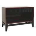 Modern wood nightstand with fluted lacquer drawer and open shelf on lacquered base