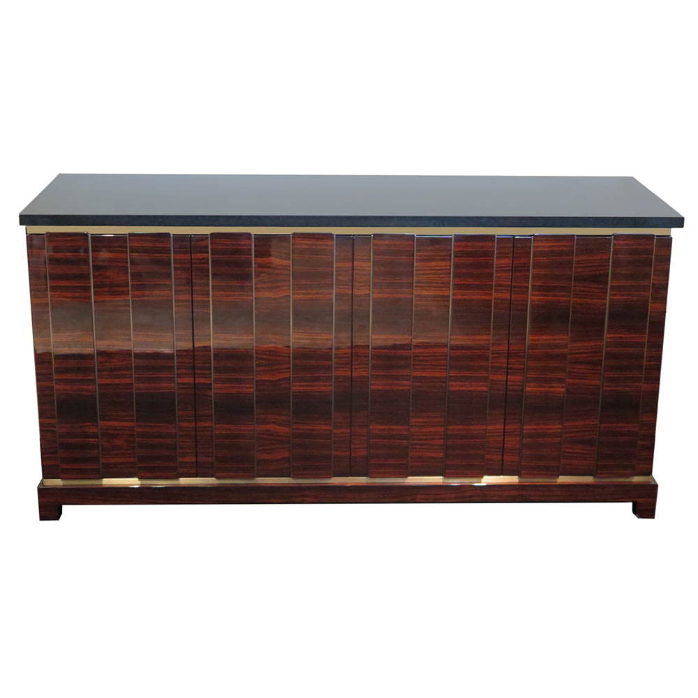 Sideboard in high-gloss Macassar ebony with dimensional design with brass details and dark granite top