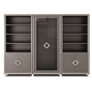 Grey Sycamore Cabinet with vitrine glass doors lower cabinets and shelving