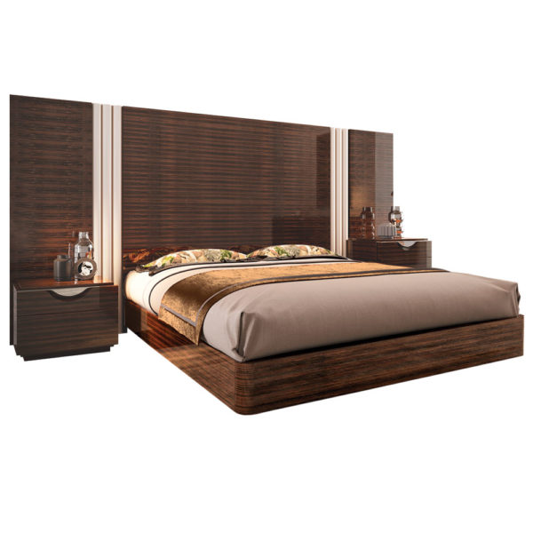 large modern bed with art deco style in Macassar ebony and upholstery