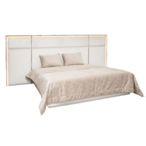 Modern bed with pleated upholstered, brass details, lacquer frame and LED lighting