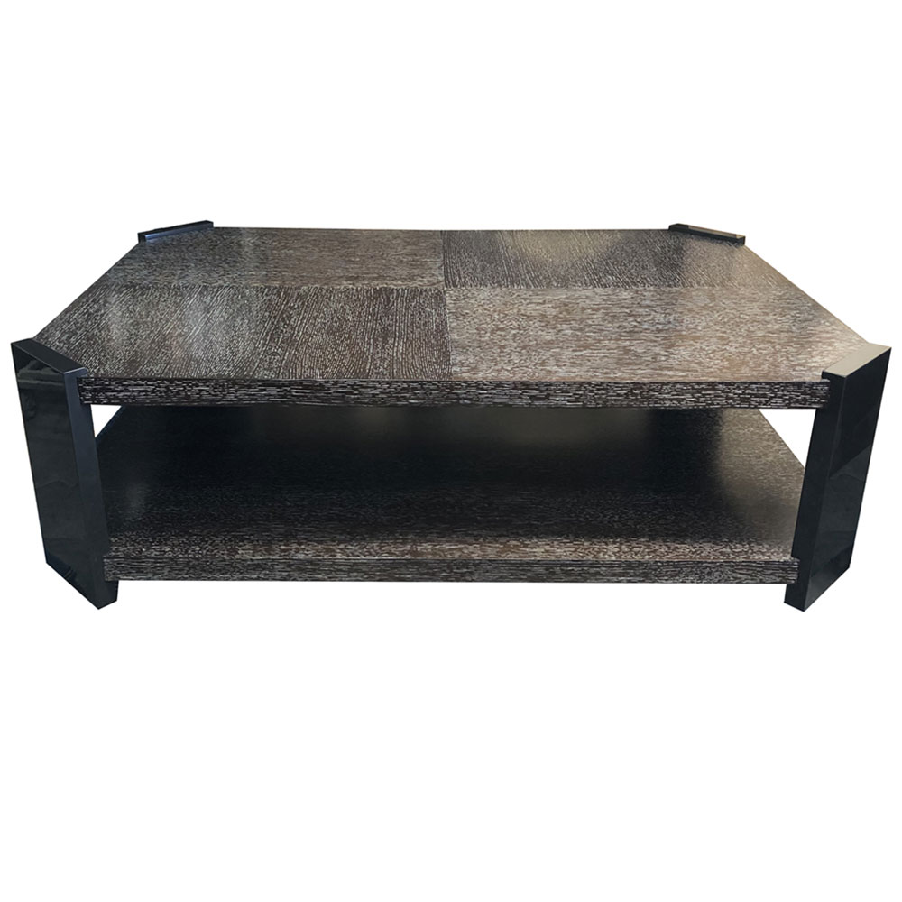 brown cerursed oak coffee table with black lacquer with angled corners and black lacquer legs