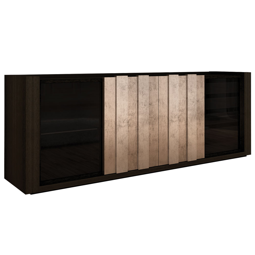 dark wood sideboard with silver leaf layered plank front detail and bronze glass doors