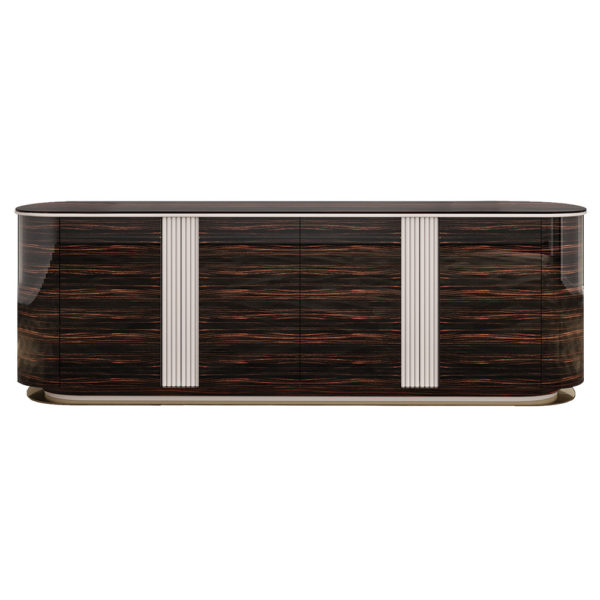 ebony wood racetrack oval sideboard in high gloss with vertical metal details and base