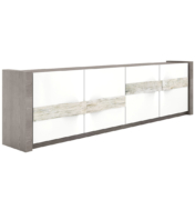 grey wood modern sideboard with white lacquered doors and rustic wood slab handles